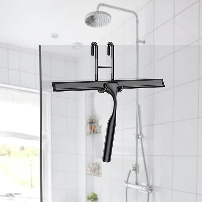 Black 14-Inches Stainless Steel Shower Squeegee Set, Include Shower Door Hook, Adhesive Hook and Spare Silicone Blade, Window Squeegee for Shower Glass Door, Bathroom, Mirror, Window and Car Glass - ModernBath