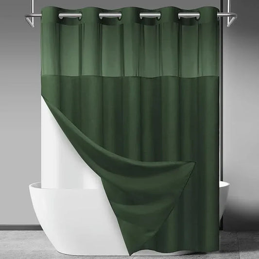SORTTO No Hook Slub Textured Shower Curtain with Snap in Liner - Dark Green Fabric Outer Curtain & Waterproof Inner Liner, Hotel Style with See Through Top Window, 71x74 in - ModernBath