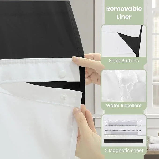 Inhousolu Stall No Hook Shower Curtain with Snap in Fabric Liner Set Waffle Weave 230GSM Weighted Hem, Waterproof & Washable Bathroom Curtain Spa Luxury with Mesh Top Window 60" W x 72" L Black - ModernBath