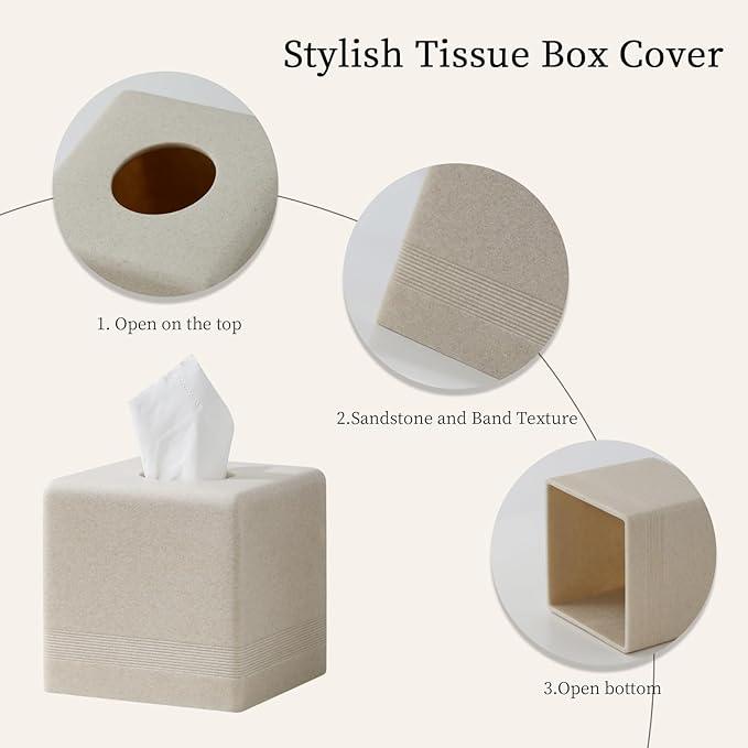 Haocoott Tissue Box Cover Square, Resin Facial Tissue Holder Covers Cube Toilet Paper Holder Case Dispenser Home Decorative for Bathroom Kitchen Bedroom Living Room Office (Beige) - ModernBath