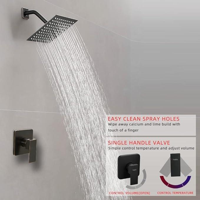 Heable Shower Faucet Set Oil Rubbed Bronze, Bathroom Rainfall Shower System with Stainless Steel Rain Shower Head, Single Function Shower Trim Kit with Rough-in Valve - ModernBath