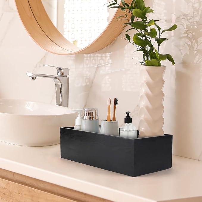 LotFancy Bathroom Decor Box, 2 Pack Wooden Toilet Paper Holder, Black Toilet Tank Storage Basket, Farmhouse Rustic Back of Toilet Tray - ModernBath