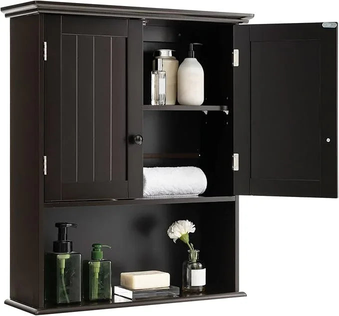 COSTWAY Wall Mounted Bathroom Cabinet, Over The Toilet Storage Cabinet w/Double Doors & Adjustable Shelf, Wood Hanging Medicine Cabinet for Living Room, Entryway, Kitchen (Brown) - ModernBath