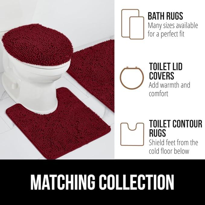 GORILLA GRIP Bathroom Rug Sets 3 Piece, Bath Mat Set and Oval Toilet Base with Rubber Backing, Plush Absorbent Shaggy Chenille Washable Mats, Includes 24x19.5, 24x17 and 30x20 Inch Rugs, Burgundy - ModernBath