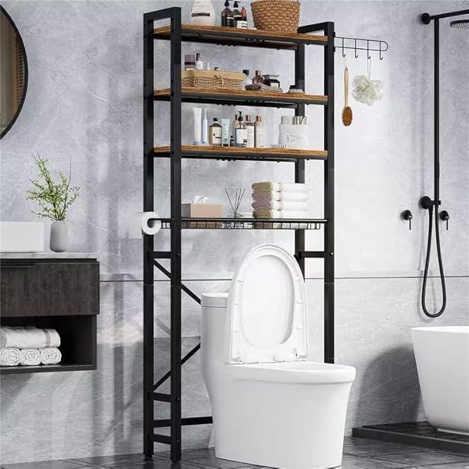 Over-The-Toilet Storage Rack, 4 Tier Bathroom Shelf Organizer Over Toilet with Adjustable Shelves, Basket, Hooks, Paper Holder, Quick Interlock Install & Water-Resistant Shelves (Vintage Brown) - ModernBath