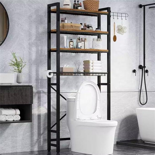 Over-The-Toilet Storage Rack, 4 Tier Bathroom Shelf Organizer Over Toilet with Adjustable Shelves, Basket, Hooks, Paper Holder, Quick Interlock Install & Water-Resistant Shelves (Vintage Brown) - ModernBath