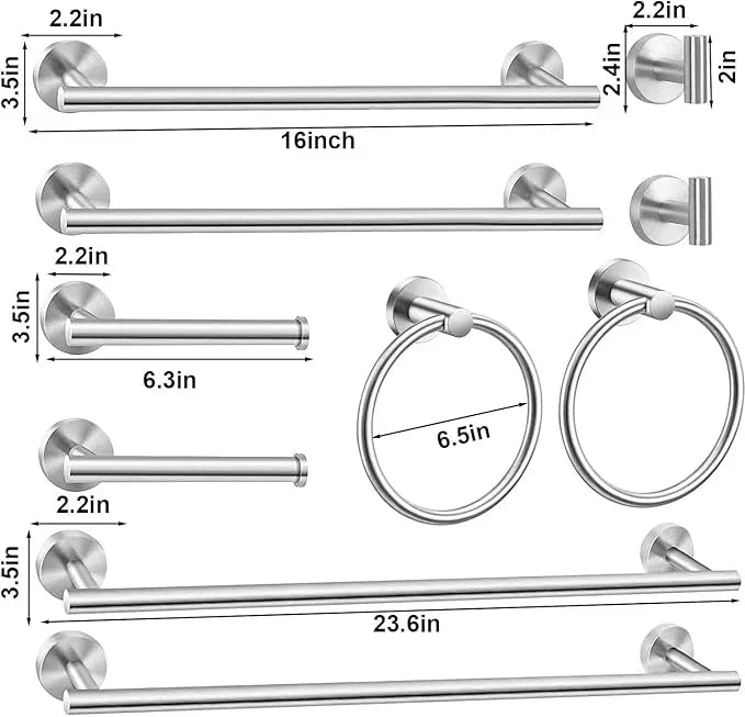 10Pcs Bath Tower Set, Includes 23.6 inch & 16 inch Towel Bars, Hooks, Rings & Toilet Paper Holder - Brushed Nickel - ModernBath
