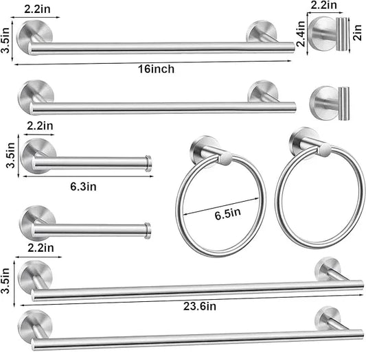10Pcs Bath Tower Set, Includes 23.6 inch & 16 inch Towel Bars, Hooks, Rings & Toilet Paper Holder - Brushed Nickel - ModernBath
