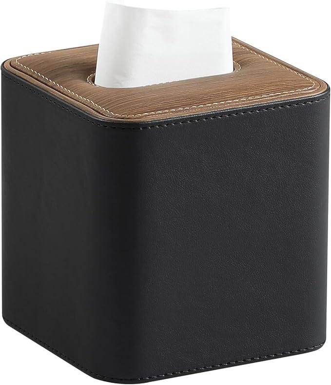 Cretkhp Tissue Box Cover Square, Modern PU Leather Tissue Holder with Magnetic Closure for Bathroom NightStands, Decorative Square Tissue Box Holder (Black) - ModernBath