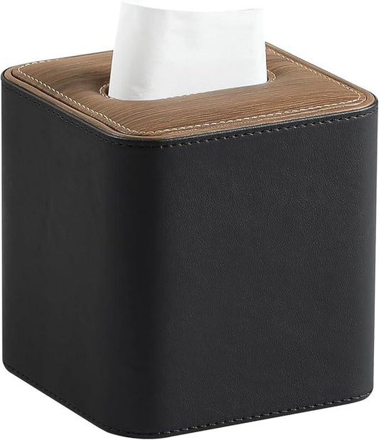 Cretkhp Tissue Box Cover Square, Modern PU Leather Tissue Holder with Magnetic Closure for Bathroom NightStands, Decorative Square Tissue Box Holder (Black) - ModernBath