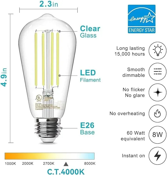 TJOY 6 Pack E26 Base Vintage LED Edison Light Bulbs, 60W Equivalent Dimmable, 4000K Natural White, 8W ST58 LED Filament Bulbs, 800Lumens, CRI80+, Antique Glass Style for Home, Bedroom, Farmhouse - ModernBath