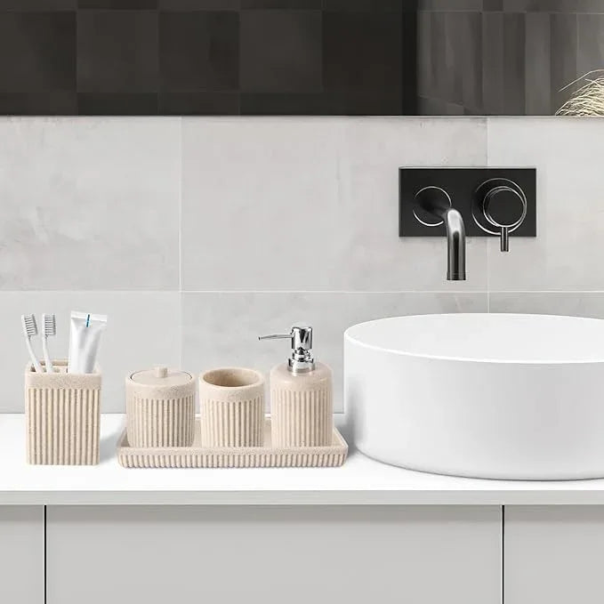 XLHOMO Resin Beige Bathroom Accessories Set 5 Pcs, Lotion Soap Dispenser, Toothbrush Holder, Bathroom Tumbler, Qtip Holder and Vanity Tray, Bathroom Countertop Organizer Set for Modern Home Apartment - ModernBath