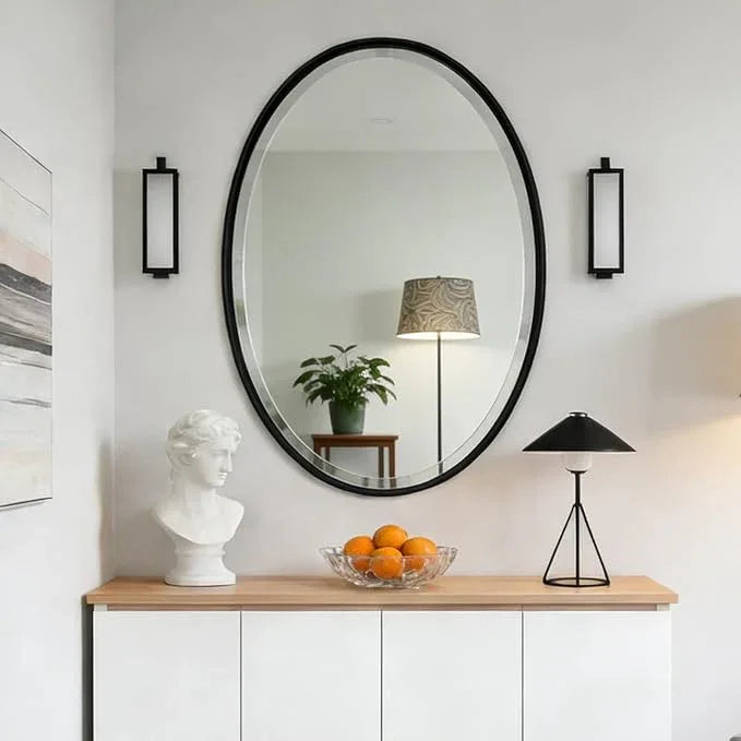 POZINO Oval Beveled Mirror, 24"x36" Bathroom Vanity Mirror for Over Sink, Matte Black Modern Rounded Wall Mirror for Living Room Entryway Bedroom Hallway Fireplace, Hangs Horizontal Or Vertical - ModernBath