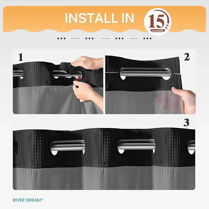 River Dream Heavyweight No Hooks Required Dotted Waffle Weave Shower Curtain with Snap in Liner - 71W x 80H,Hotel Grade,Spa Like Bath Curtain,Graphite Black - ModernBath