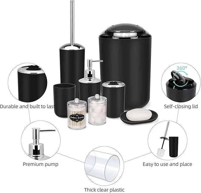 IMAVO Bathroom Accessories Set,Black Bathroom Set,9 Pieces Bathroom Accessory Set,Tray,Qtip Holders,Toilet Brush,Trash Can for Bathroom Décor and Home Gifts - ModernBath