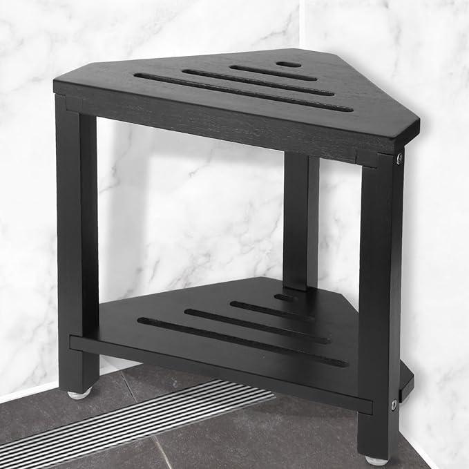 IBosins Corner Shower Stool with Storage Shelf Shower Foot Rest for Shaving Legs Small Bench for Inside Shower to Sit on Bath Seat - Acacia Wood, Black - ModernBath