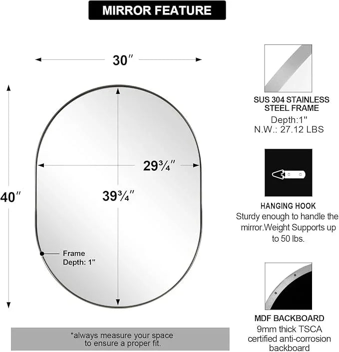ANDY STAR Brushed Nickel Oval Bathroom Mirror, 30x40 Oval Nickle Mirror Pill Shaped in Premium Stainless Steel Metal Frame 1”Deep Wall Mounted Horizontal/Vertical - ModernBath