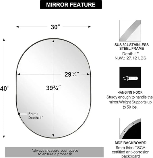 ANDY STAR Brushed Nickel Oval Bathroom Mirror, 30x40 Oval Nickle Mirror Pill Shaped in Premium Stainless Steel Metal Frame 1”Deep Wall Mounted Horizontal/Vertical - ModernBath