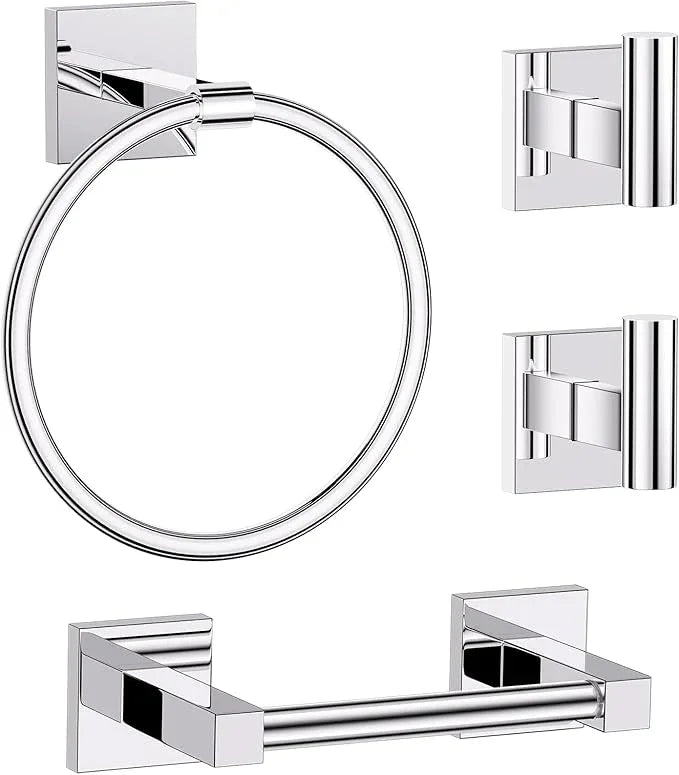 Towel Ring Set 4 Piece Bathroom Hardware Set Includes Towel Ring 2 Towel Hooks and Toilet Paper Holder Stainless Steel Wall Mounted (Polished Chrome) - ModernBath