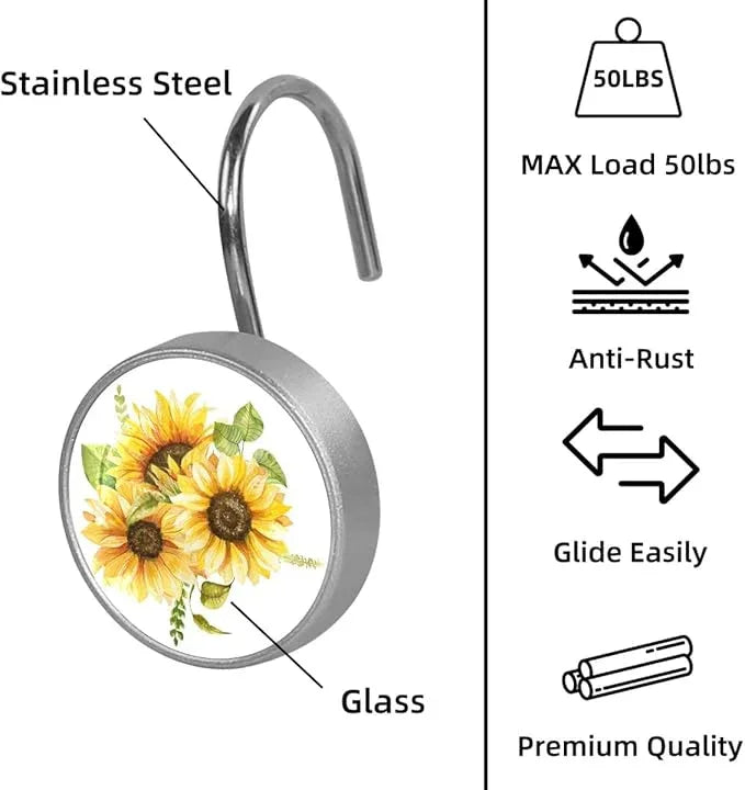 12 Pcs Decorative Shower Curtain Hooks, Rust Proof Glass Surface Stainless Steel Rings for Bathroom Bedroom Kitchen Home Bath Room Rods Decor (Watercolor Sunflowers Bouquet) - ModernBath