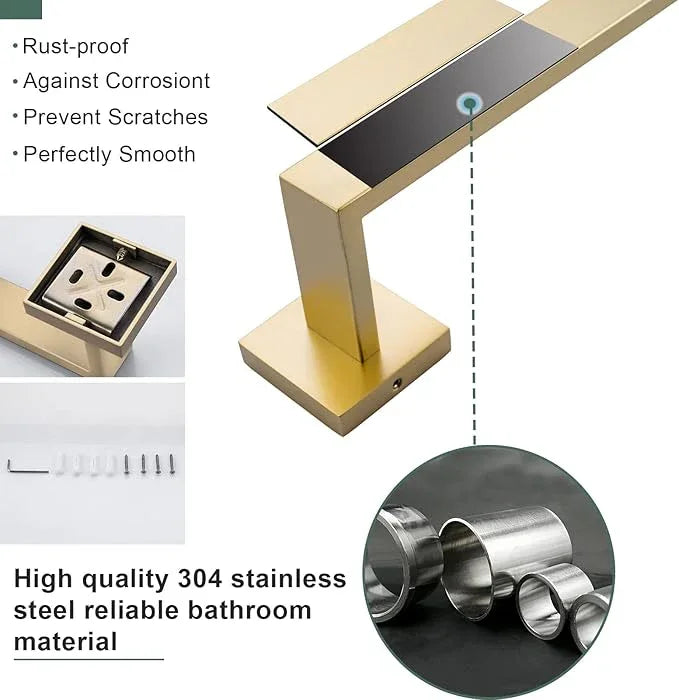 Brushed Gold Bathroom Towel Bar Sets Premium Stainless Steel 4-Piece Bathroom Hardware Set Wall Mounted Square Bathroom Accessories Kit - ModernBath
