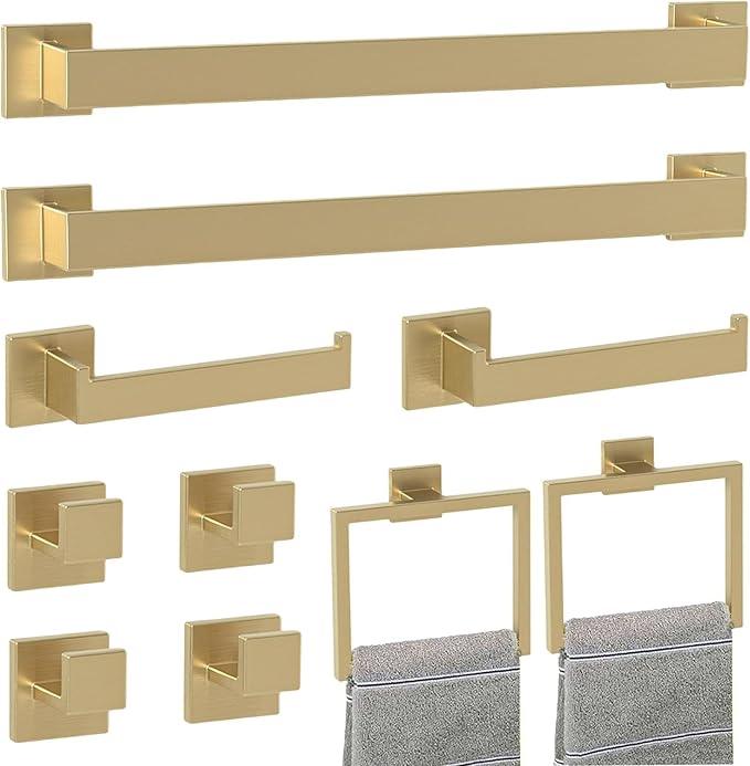 Bathroom Accessory Towel Bar Set: 10 Pieces Gold Square Bathroom Hardware SUS304 Stainless Steel - 24 Inch Wall Mounted Towel Rack&Toilet Paper Holder&Towel Ring and Towel Hook - ModernBath