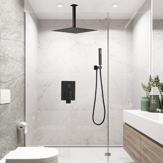 Heable ‎Oil Rubbed Bronze Shower System Bathroom 12 Inch Rain Shower Head Ceiling Mount with Handheld Luxury High Pressure Shower Combo Set Shower Faucet Rough-in Valve Body and Trim Kit - ModernBath