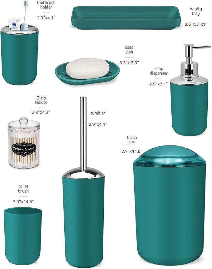 IMAVO Bathroom Accessories Set,Peacock Green Bathroom Set,9 Pieces Bathroom Accessory Set,Tray,Qtip Holders,Toilet Brush,Trash Can for Bathroom Décor and Home Gifts - ModernBath