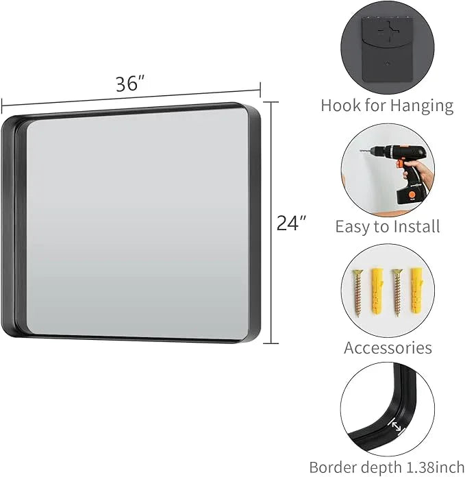 Koonmi Black Wall Mirror for Bathroom, 24x36 Inch Matte Deep Framed Rounded Rectangle Vanity Mirror for Farmhouse Living Room, Tempered Glass, Anti-Rust, Vertically or Horizontally - ModernBath