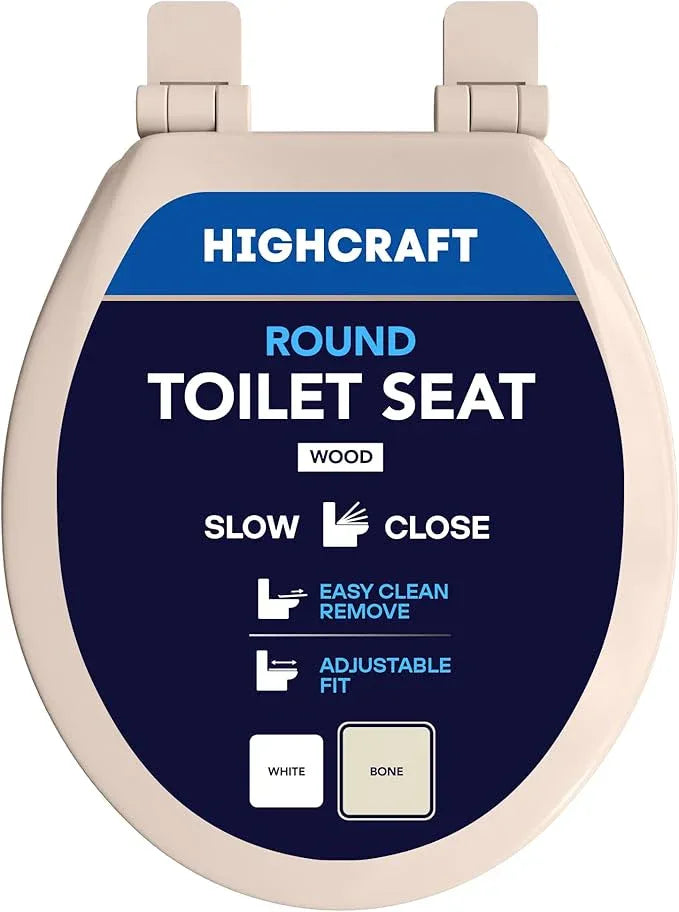 HIGHCRAFT Premium Round Toilet Seat with Slow-Close Design, Adjustable Hinges & Quick Removal Mechanism - Molded Wood Toilet Seat - Fits Standard Round Toilets - Toilet Seat in Bone/Beige - ModernBath