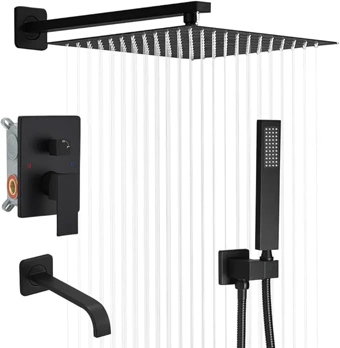 Heable Matte Black Shower Faucet Set with Tub Spout Bathroom Rainfall 10 Inch Shower Head System with Handheld Single Handle Shower Trim Kit with Rough-in Valve - ModernBath