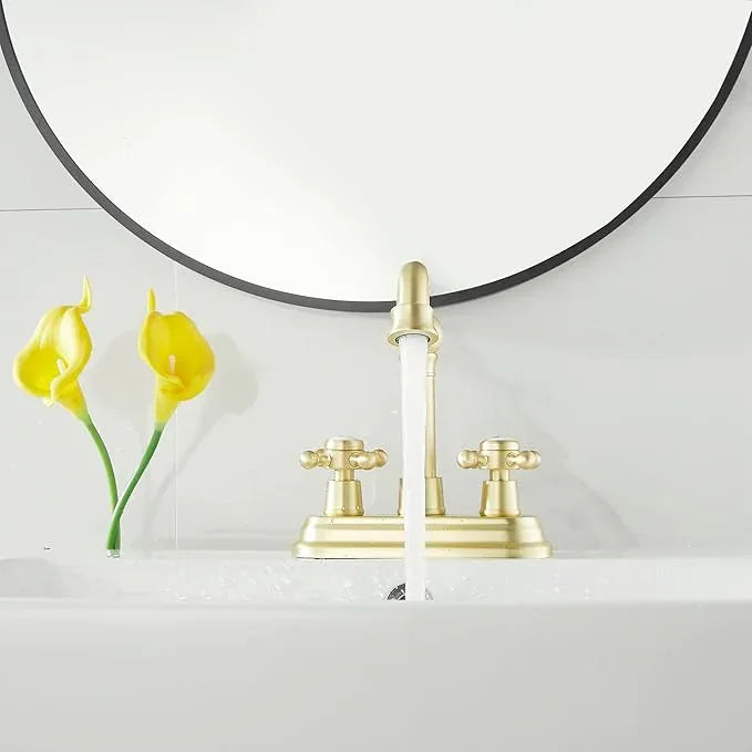 GGStudy Bathroom Faucet Brushed Gold 2 Handles 4 Inches Centerset Bathroom Vanity with Drain Assembly and Supply Hose Lavatory Faucet - ModernBath