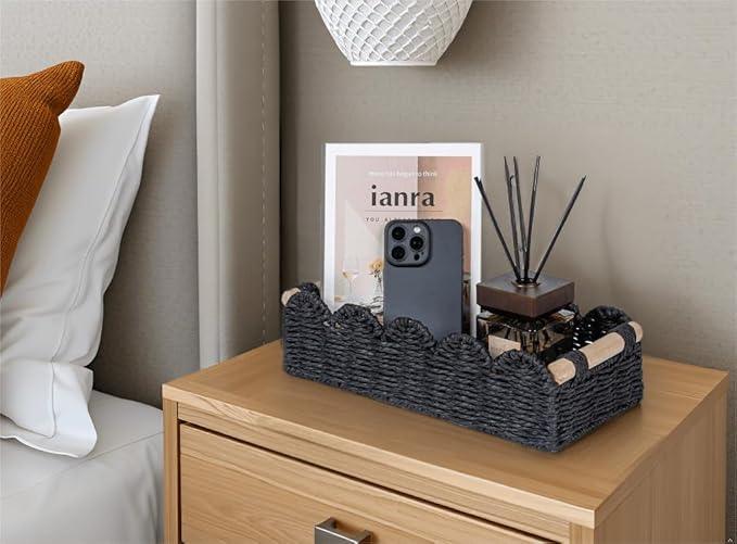 CubesLand Decorative Toilet Paper Storage Basket, Modern Farmhouse Home Decor Basket for Organizing, Scalloped Pantry Baskets for Shelves, Countertop, Living Room, w/Wood Handles, Black 2 Sizes - ModernBath