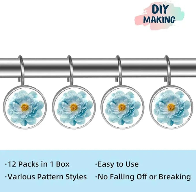 12 Pcs Decorative Shower Curtain Hooks, Rust Proof Glass Surface Stainless Steel Rings for Bathroom Bedroom Kitchen Home Bath Room Rods Decor (Turquoise Peony Flower) - ModernBath