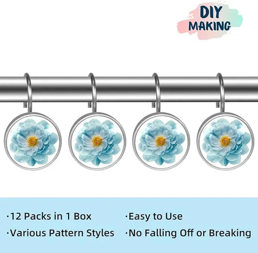 12 Pcs Decorative Shower Curtain Hooks, Rust Proof Glass Surface Stainless Steel Rings for Bathroom Bedroom Kitchen Home Bath Room Rods Decor (Turquoise Peony Flower) - ModernBath