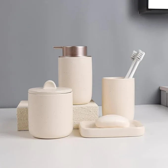 BosilunLife Apricot Bathroom Accessories Set - Ceramic Bathroom Accessories Sets Complete Foaming Soap Dispenser and Toothbrush Holder Set, Soap Dish, Qtip & Cotton Ball Holder Modern Bathroom Set - ModernBath