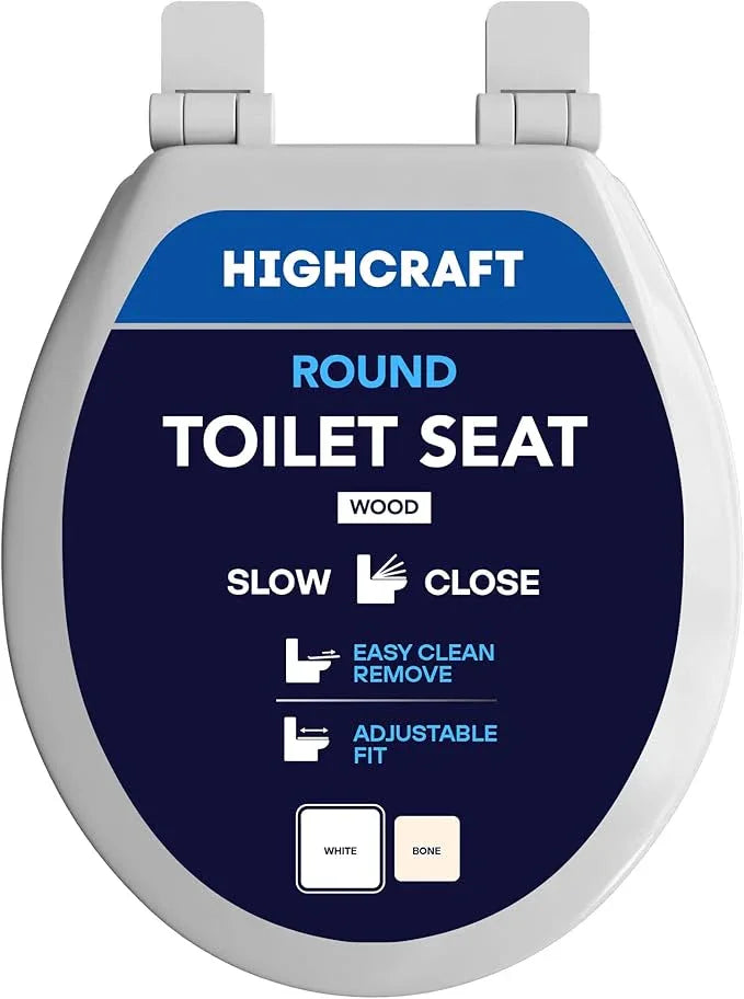 HIGHCRAFT Premium Round Toilet Seat with Slow-Close Design, Adjustable Hinges & Quick Removal Mechanism - Molded Wood Toilet Seat - Fits Standard Round Toilets - Toilet Seat in White - ModernBath