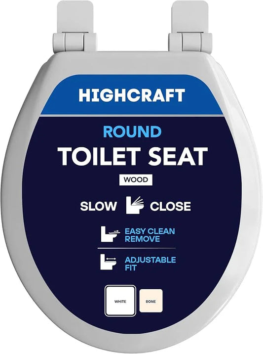 HIGHCRAFT Premium Round Toilet Seat with Slow-Close Design, Adjustable Hinges & Quick Removal Mechanism - Molded Wood Toilet Seat - Fits Standard Round Toilets - Toilet Seat in White - ModernBath