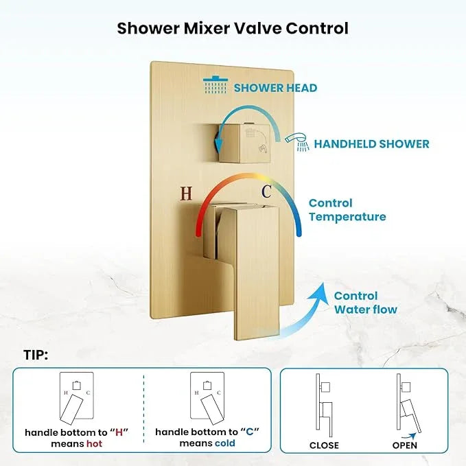 gotonovo Rainfall Bathroom Shower System Rain Shower Head and Handle Set Wall Mounted Shower Complete Combo Solid Brass Pressure Balancing Shower Mixer Valve 16 Inch Brushed Gold - ModernBath