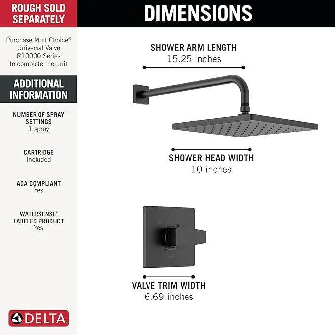 Delta Modern 14 Series Square Rain Shower Faucet Set, Matte Black Shower Head and Handle Set, Valve Trim Kit, Matte Black T14268-BL-PP (Valve Not Included) - ModernBath