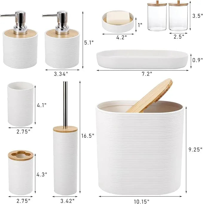 XLHOMO White Bathroom Set, White Bathroom Accessories Set with Trash Can, 2PCS Soap Dispensers, Soap Dish, Toothbrush Holder, Toothbrush Cup,Toilet Brush, Tray and Qtip Holders for Bathroom Decor - ModernBath