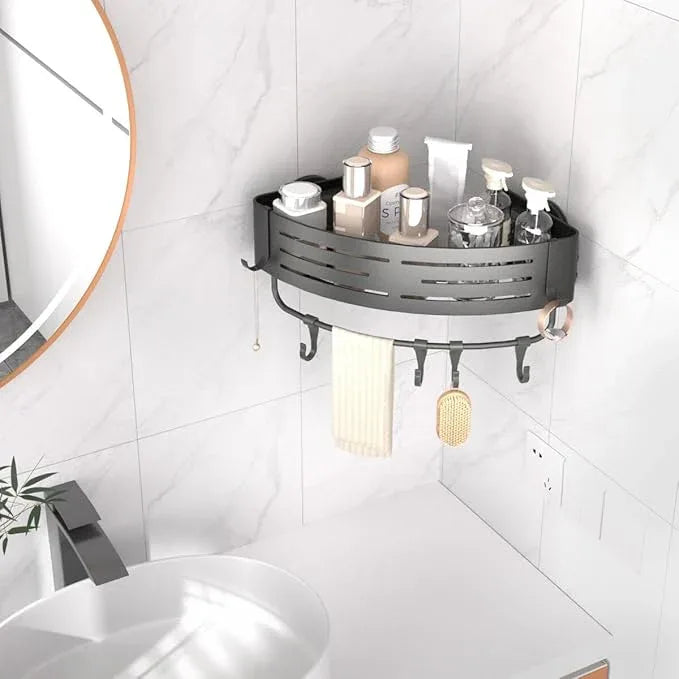 Onemake Corner Shower Caddy Suction Cup, Aluminum Wall Mounted Organizer Shelves Storage Rack with Towel Bar for Small Bathroom Grey - ModernBath