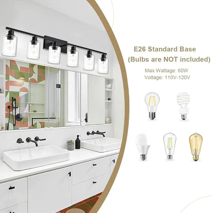 VINLUZ Bathroom Vanity Light Fixtures,6 Light Matte Black Modern Metal Base Wall Sconce Lighting with Clear Glass Shade Wall Mounted Lamp for Mirror - ModernBath