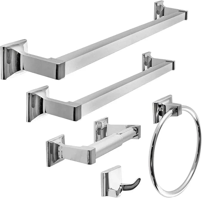 SENTO Cellar Classic Bathroom Accessories Set, Heavy Duty Metal Bath Hardware Set Wall Mounted, Includes Robe Hook, Toilet Paper Holder, Towel Ring, 18” & 24” Towel Bar (5-Piece, Polished Chrome) - ModernBath