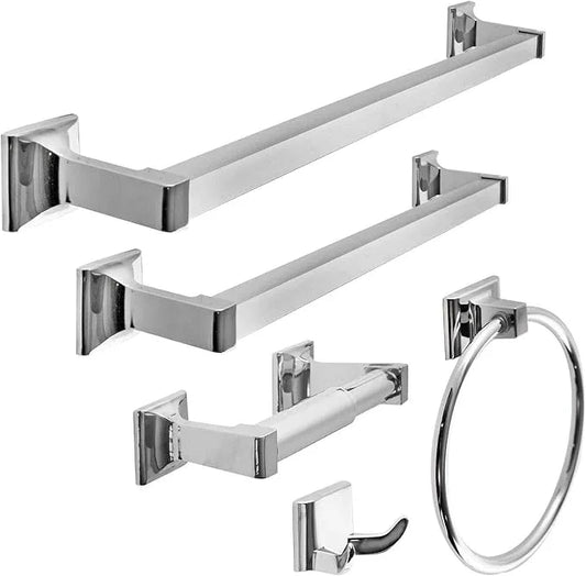 SENTO Cellar Classic Bathroom Accessories Set, Heavy Duty Metal Bath Hardware Set Wall Mounted, Includes Robe Hook, Toilet Paper Holder, Towel Ring, 18” & 24” Towel Bar (5-Piece, Polished Chrome) - ModernBath
