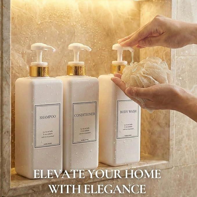 Modern Gold Design Shampoo and Conditioner Dispenser, Large 27oz Shower Soap Dispenser, Set of 3 Refillable Empty Plastic Pump Bottles for Bathroom and Body Wash (6 Waterproof Labels Included), White - ModernBath