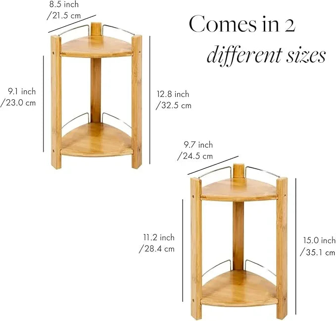 GOBAM Bamboo Shower Corner Caddy, Large - 2 Tier Standing Shower Stand for Shampoo, Conditioner, Lotion, Soap - Caddy Organizer for Kitchen, Bedroom, or Office - ModernBath