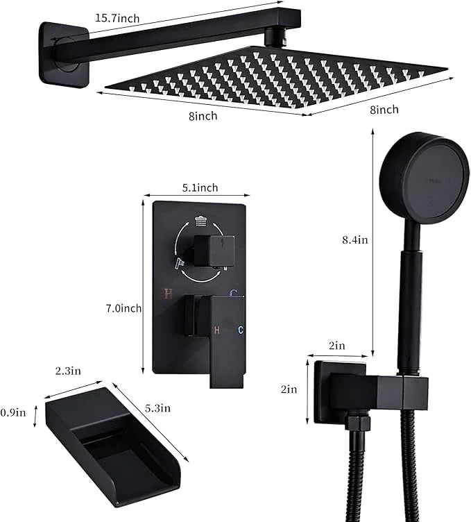 RTTWYYUU Matte Black Shower Tub Faucet Set, Wall Mounted 8 Inch Shower Heads with Handheld Spray Combo and Tub Shower Faucet, Luxury Bathroom Square Rain Shower System - 4 Hooks - ModernBath