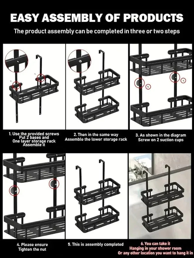 3-Tier Over Door Shower Caddy, Black Metal Bathroom Storage Rack, 11.81x5.31 Inch Shelves, Rustproof Organizer, Modern Style, No Drilling Required, for Toiletry Storage - ModernBath