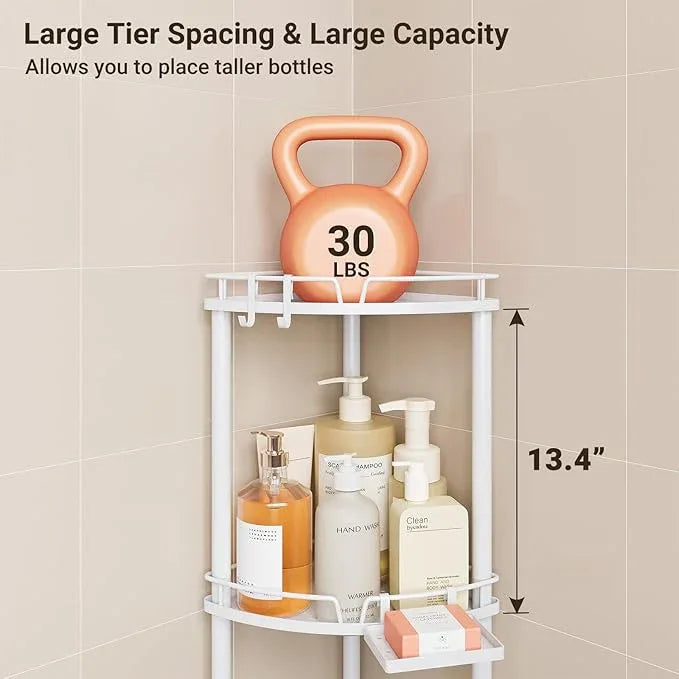 ELYKEN Corner Shower Caddy Standing, 4 Tier Rustproof Metal Shower Organizer with Soap Holder, Floor Shower Corner Shelf Rack Storage Stands with Adjustable Feet & 2 Hooks for Bathroom, White - ModernBath
